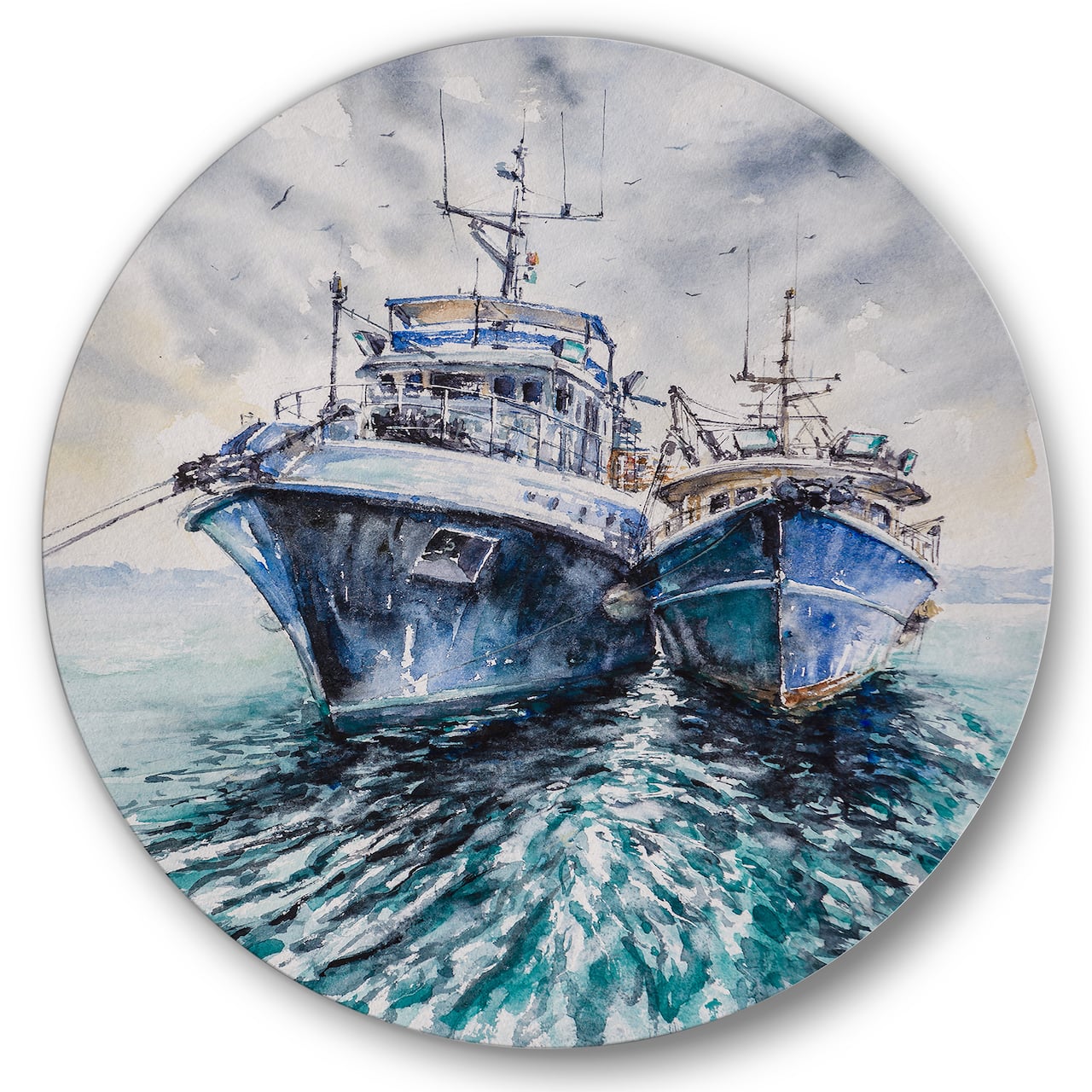 Designart - Two Fishing Boats Before A Storm Anchored - Nautical & Coastal Metal Circle Wall Art
